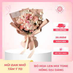 Bó Hoa Len Mid Tone Hồng Dịu Dàng handmade móc thủ công từ len Milk Cotton cao cấp