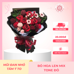 Bó Hoa Len Mid Tone Đỏ handmade móc thủ công từ len Milk Cotton cao cấp