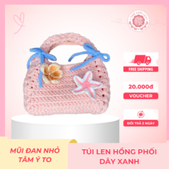 Túi Len Hồng Phối Xanh Dây handmade móc thủ công từ len Milk Cotton cao cấp